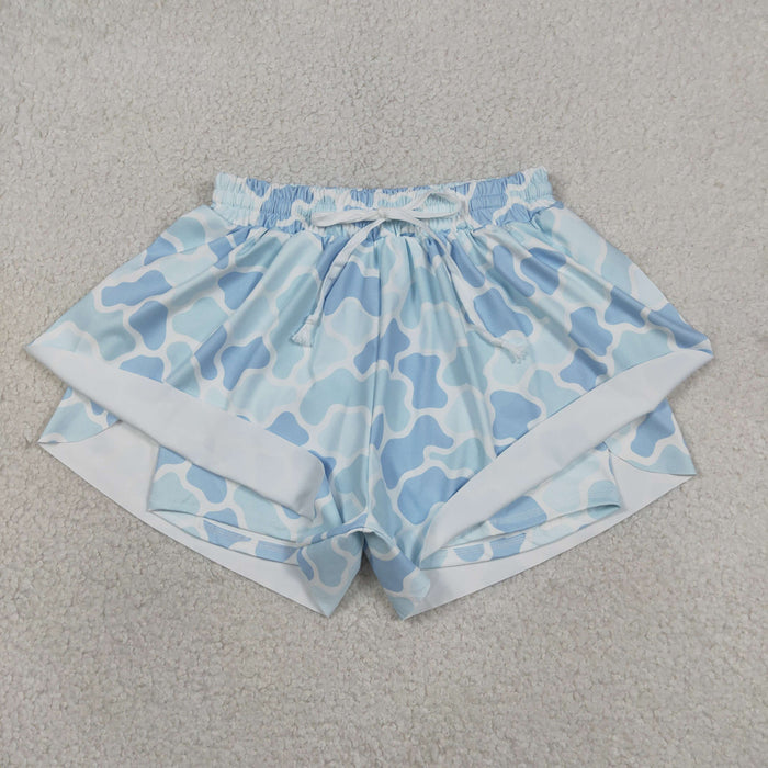Blue Camo Print Woman Summer Bottom Yoga Flutter Shorts