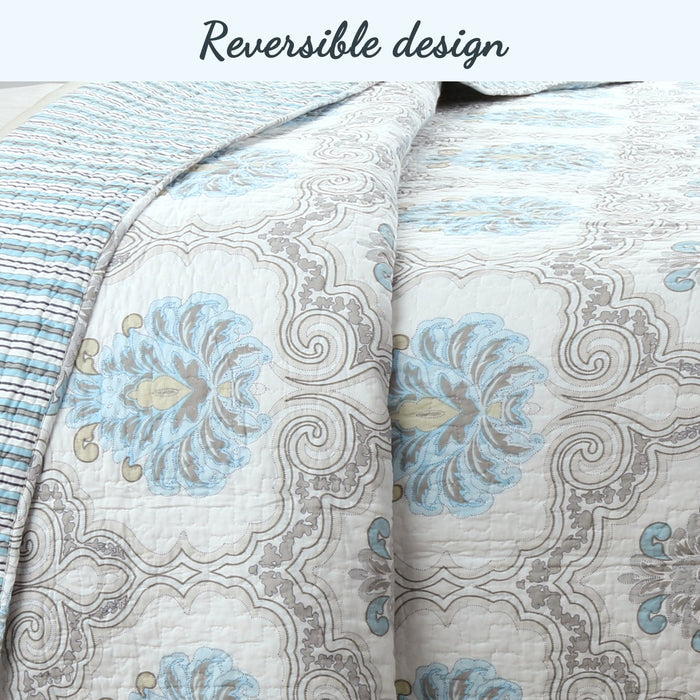 Blue Floral Medallion Cotton 3-Piece Reversible Quilt Bedding Set