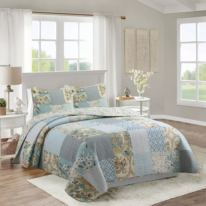 Blue Floral Ogee Patchwork - Cotton Quilt Bedding Set