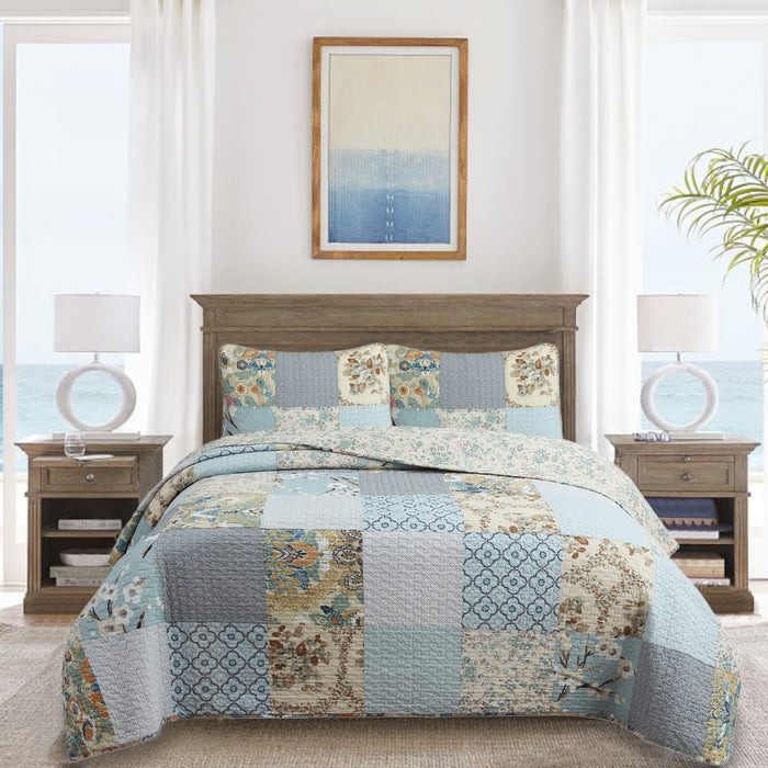 Blue Floral Ogee Patchwork - Cotton Quilt Bedding Set