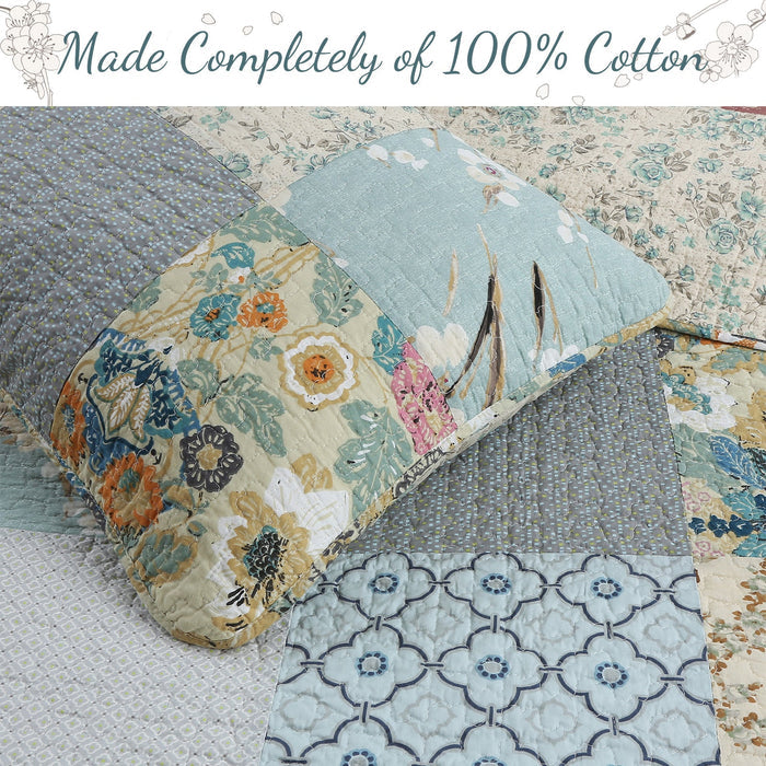 Blue Floral Ogee Patchwork - Cotton Quilt Bedding Set