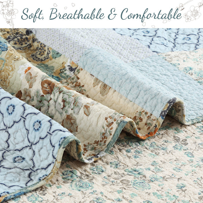 Blue Floral Ogee Patchwork - Cotton Quilt Bedding Set
