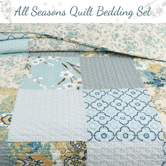 Blue Floral Ogee Patchwork - Cotton Quilt Bedding Set