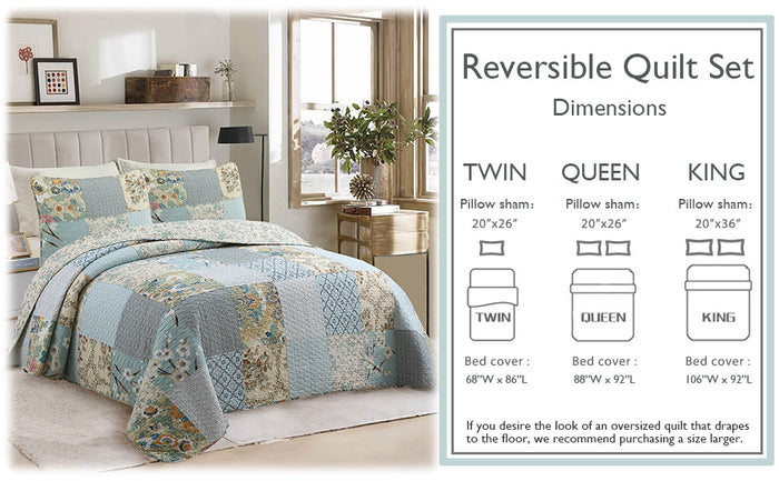 Blue Floral Ogee Patchwork - Cotton Quilt Bedding Set