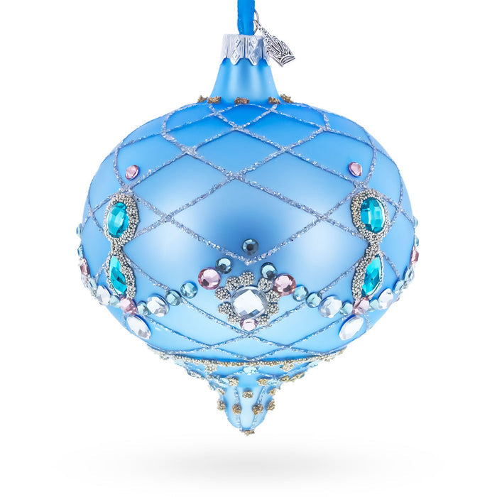 Blue Jeweled Lattice Diamond Onion-Shape Finial Glass Christmas Ornament