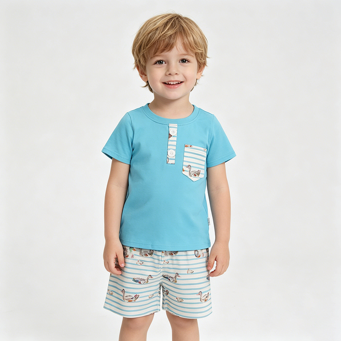 Blue Pocket Polo Top Duck Stripes Shorts Boys Summer Clothes Set