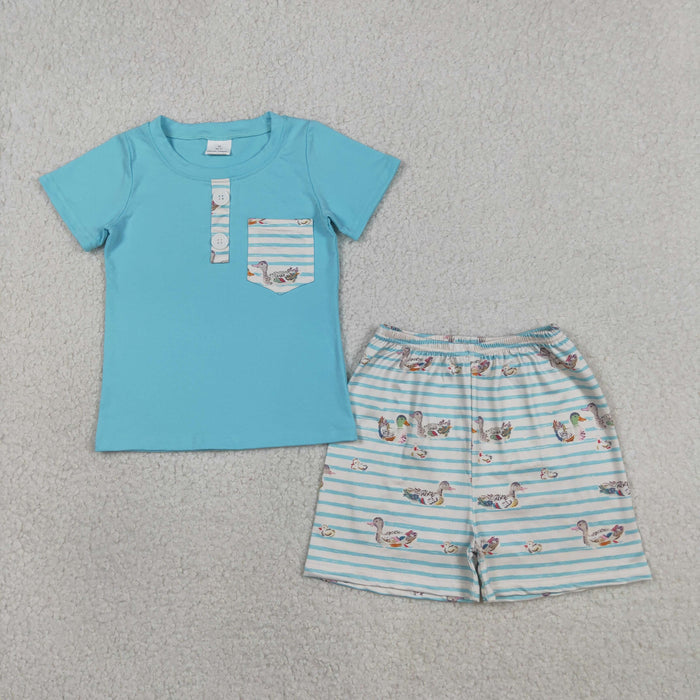 Blue Pocket Polo Top Duck Stripes Shorts Boys Summer Clothes Set