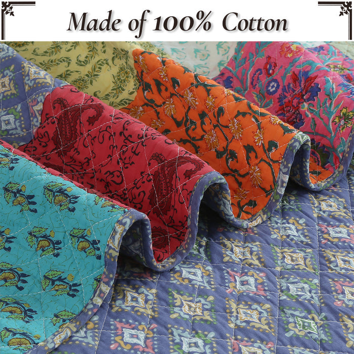Bold Bright Multi Color Boho Floral Patchwork 3 Piece Cotton  Quilt Bedding Set