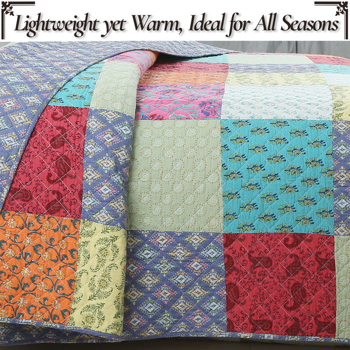 Bold Bright Multi Color Boho Floral Patchwork 3 Piece Cotton  Quilt Bedding Set