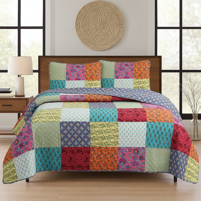Bold Bright Multi Color Boho Floral Patchwork 3 Piece Cotton  Quilt Bedding Set