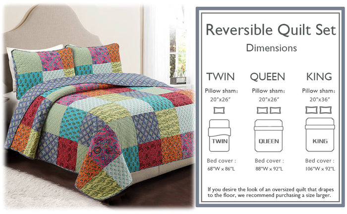 Bold Bright Multi Color Boho Floral Patchwork 3 Piece Cotton  Quilt Bedding Set