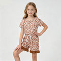 Brown Leopard Top Pockets Shorts Girls Summer Clothes Set