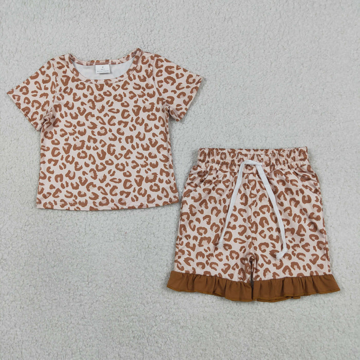 Brown Leopard Top Pockets Shorts Girls Summer Clothes Set