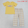BSPO0433 Turkey Pie Pumpkin Embroidery Yellow Top Checkered Pants Boys Thanksgiving Clothes Set
