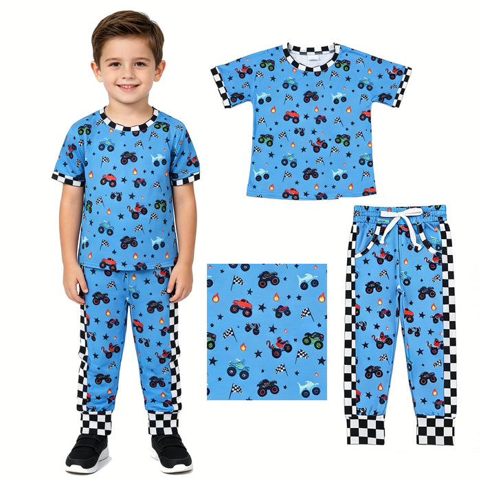 BSPO0628 Monster Truck Flags Blue Plaid Boys Clothes Set