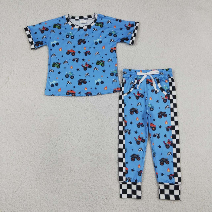 BSPO0628 Monster Truck Flags Blue Plaid Boys Clothes Set