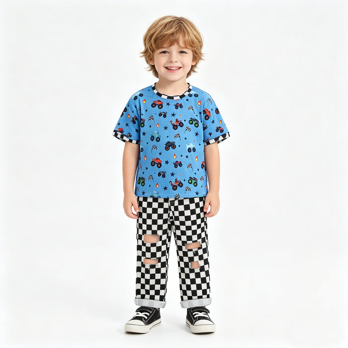 BSPO0687 Monster Truck Flags Blue Top Plaid Distressed Jeans Boys Clothes Set