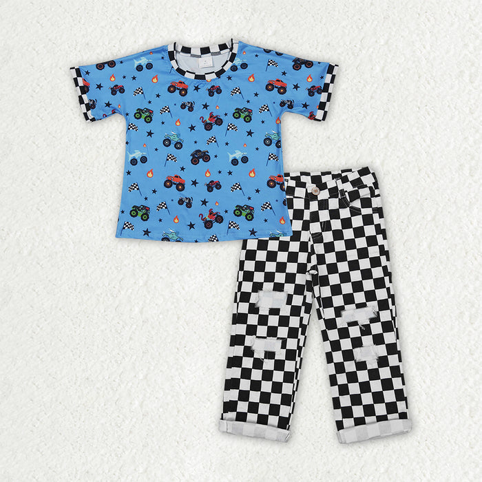 BSPO0687 Monster Truck Flags Blue Top Plaid Distressed Jeans Boys Clothes Set