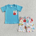 BSSO0071 Blue Pocket Top Pen Apple Bus Shorts Boys Back to School Clothes Set