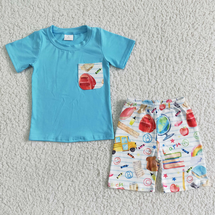 BSSO0071 Blue Pocket Top Pen Apple Bus Shorts Boys Back to School Clothes Set