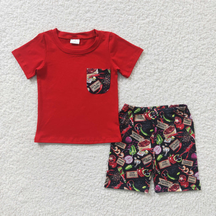 BSSO0165 Red Pocket Top Crayfish Food Shorts Baby Boys Summer Outfits