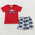 BSSO0185 Monster Trucks Embroidery Red Top & Shorts Boys 4th of July Set