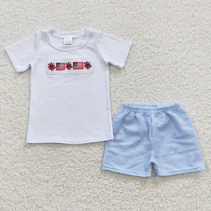 BSSO0253 Flag Embroidery White Top Plaid Shorts Baby Boys 4th of July Clothes Sets