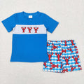 BSSO0280 Crayfish Embroidery Blue Top Plaid Shorts Boys Summer Clothes Set