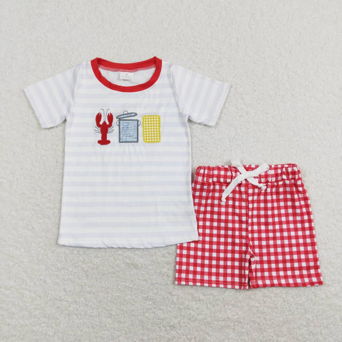 BSSO0419 Crayfish Embroidery Stripes Top Plaid Shorts Boys Summer Clothes Set