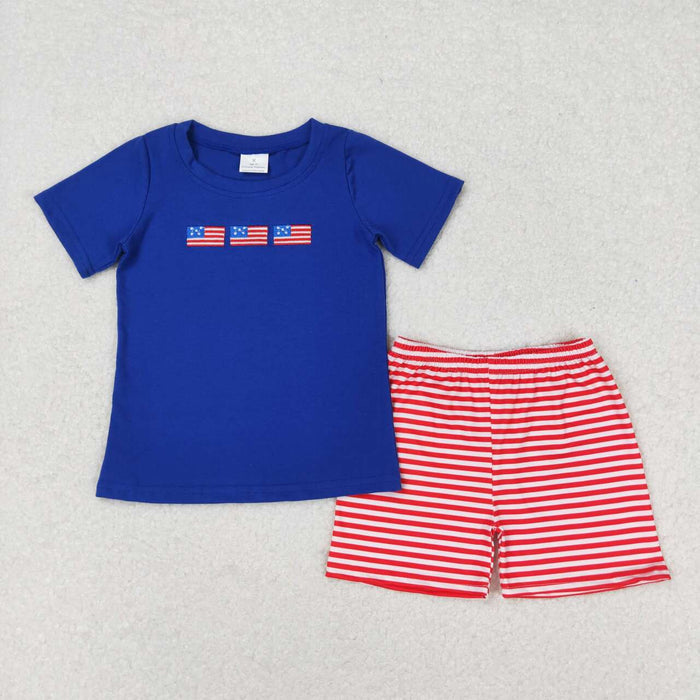 BSSO0434 Flag Embroidery Blue Top Red Stripes Shorts Boys 4th of July Outfits