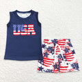 BSSO0461 USA Vest Top Stars Shorts Baby Boys 4th of July Clothes Sets