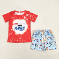 BSSO0516 Cartoon Dog Red Top Blue Shorts Baby Boys 4th of July Clothes Sets