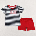 BSSO0565 Flag Embroidery Stripes Top Red Shorts Boys 4th of July Outfits