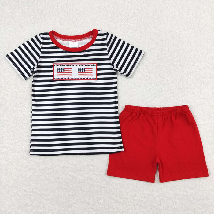 BSSO0565 Flag Embroidery Stripes Top Red Shorts Boys 4th of July Outfits