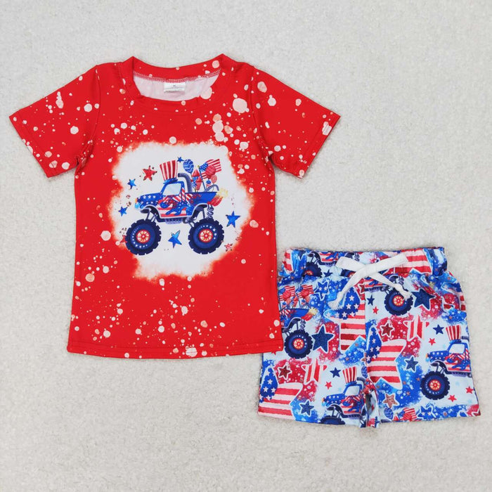 BSSO0583 Monster Truck Flag Top Stars Shorts Baby Boys 4th of July Clothes Sets
