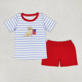 BSSO0619 Dog Flag Embroidery Blue Stripes Top Red Shorts Boys 4th of July Outfits