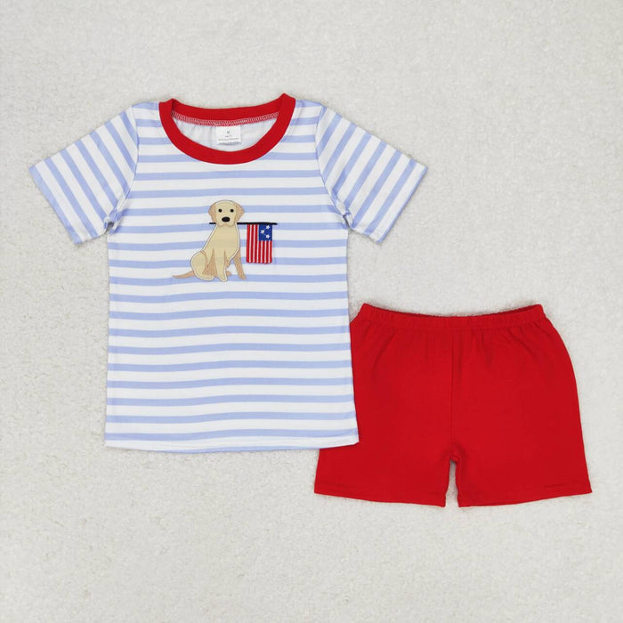 BSSO0619 Dog Flag Embroidery Blue Stripes Top Red Shorts Boys 4th of July Outfits