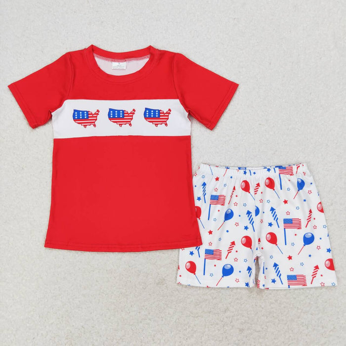 BSSO0633 Red Top Balloon Fireworks Flag Stars Shorts Baby Boys 4th of July Clothes Sets