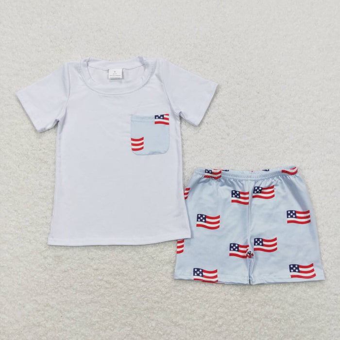 BSSO0642 White Pocket Top Flag Shorts Baby Boys 4th of July Clothes Sets