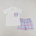 BSSO0651 White Pocket Polo Top Plaid Shorts Baby Boys 4th of July Clothes Sets