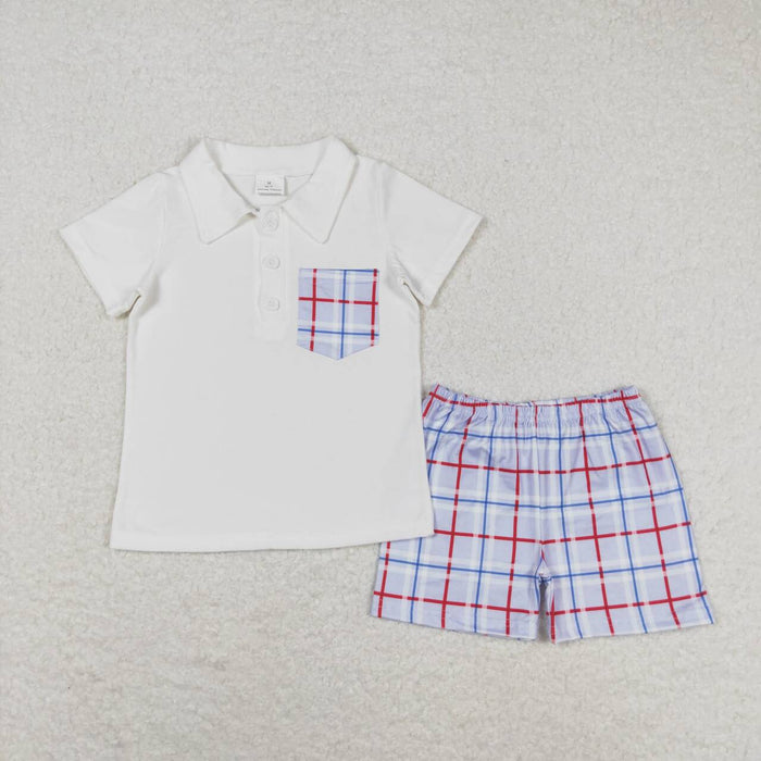 BSSO0651 White Pocket Polo Top Plaid Shorts Baby Boys 4th of July Clothes Sets
