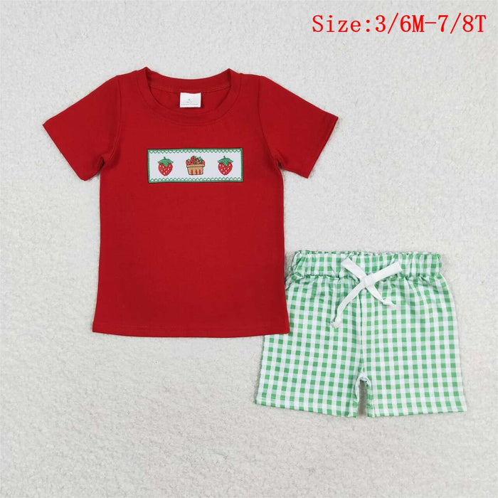 BSSO0810 Strawberry Embroidery Red Top Plaid Shorts Boys Summer Clothes Set