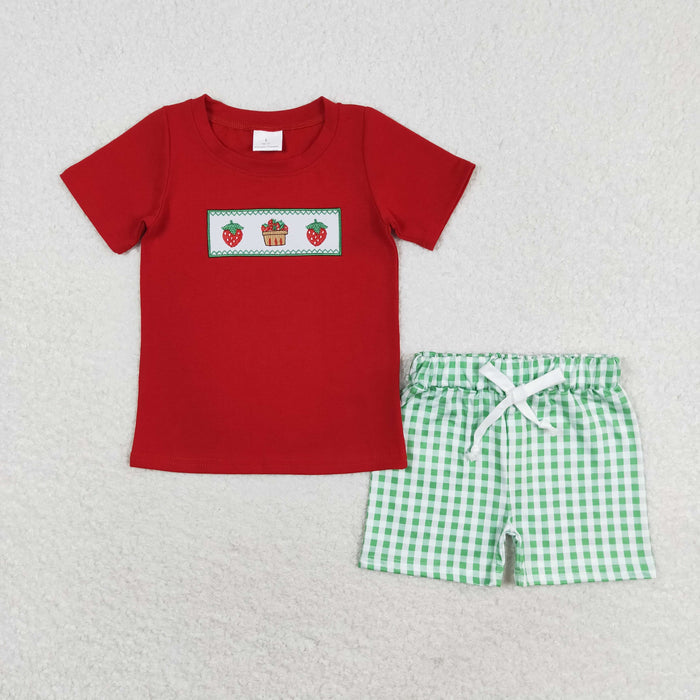 BSSO0810 Strawberry Embroidery Red Top Plaid Shorts Boys Summer Clothes Set