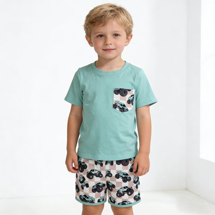 BSSO1316 Blue Pocket Top Monster Trucks Shorts Boys Summer Clothes Set