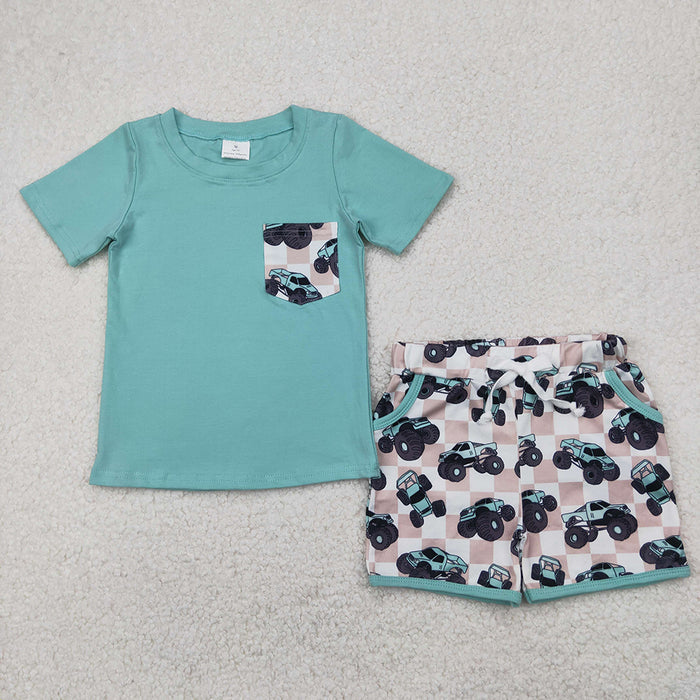 BSSO1316 Blue Pocket Top Monster Trucks Shorts Boys Summer Clothes Set