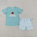 BSSO1329 Apple Pen Book Embroidery Blue Top Plaid Shorts Boys Back to School Clothes Set