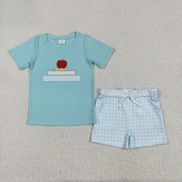 BSSO1329 Apple Pen Book Embroidery Blue Top Plaid Shorts Boys Back to School Clothes Set