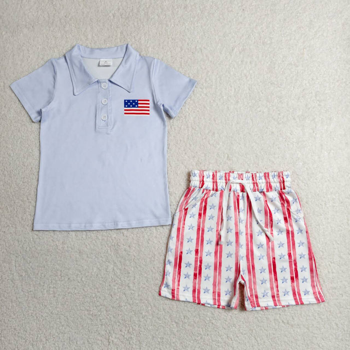 BSSO1480 Flag Polo Top Stars Stripes Shorts Boys 4th of July Clothes Set