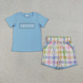 BSSO1605 I Love Mama Embroidery Blue Top Plaid Shorts Boys Summer Clothes Set