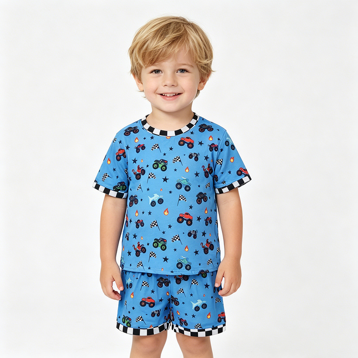 BSSO1641 Monster Truck Flags Blue Print Baby Boys Summer Clothes Set